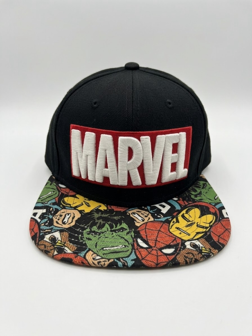 Marvel Black Snapback Cap with Colorful Superhero Brim New